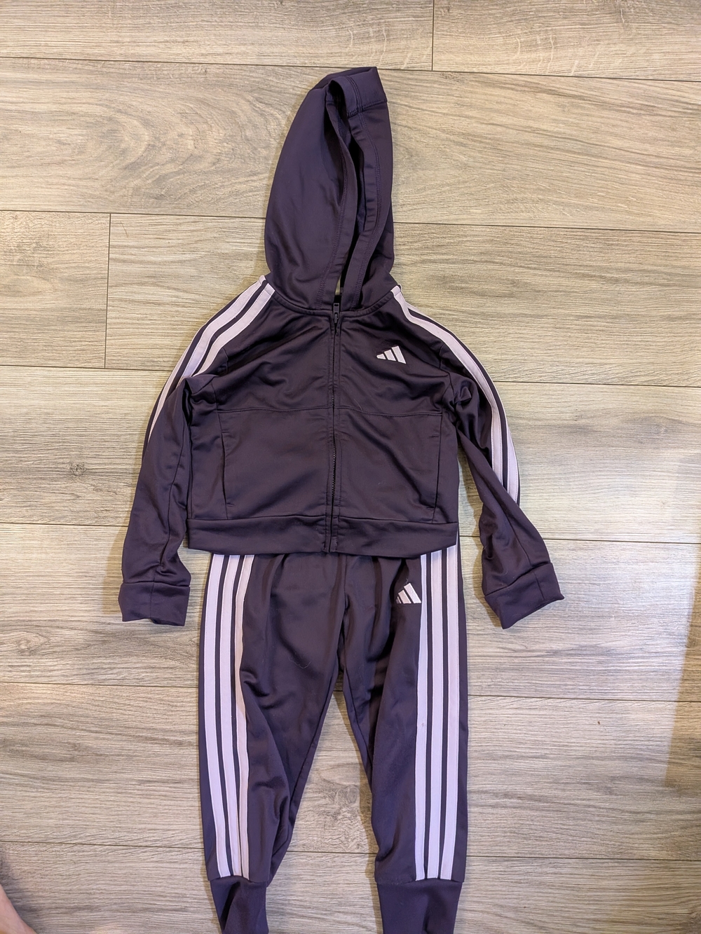 adidas Kids Purple Hooded Tracksuit with Light Lavender Stripes